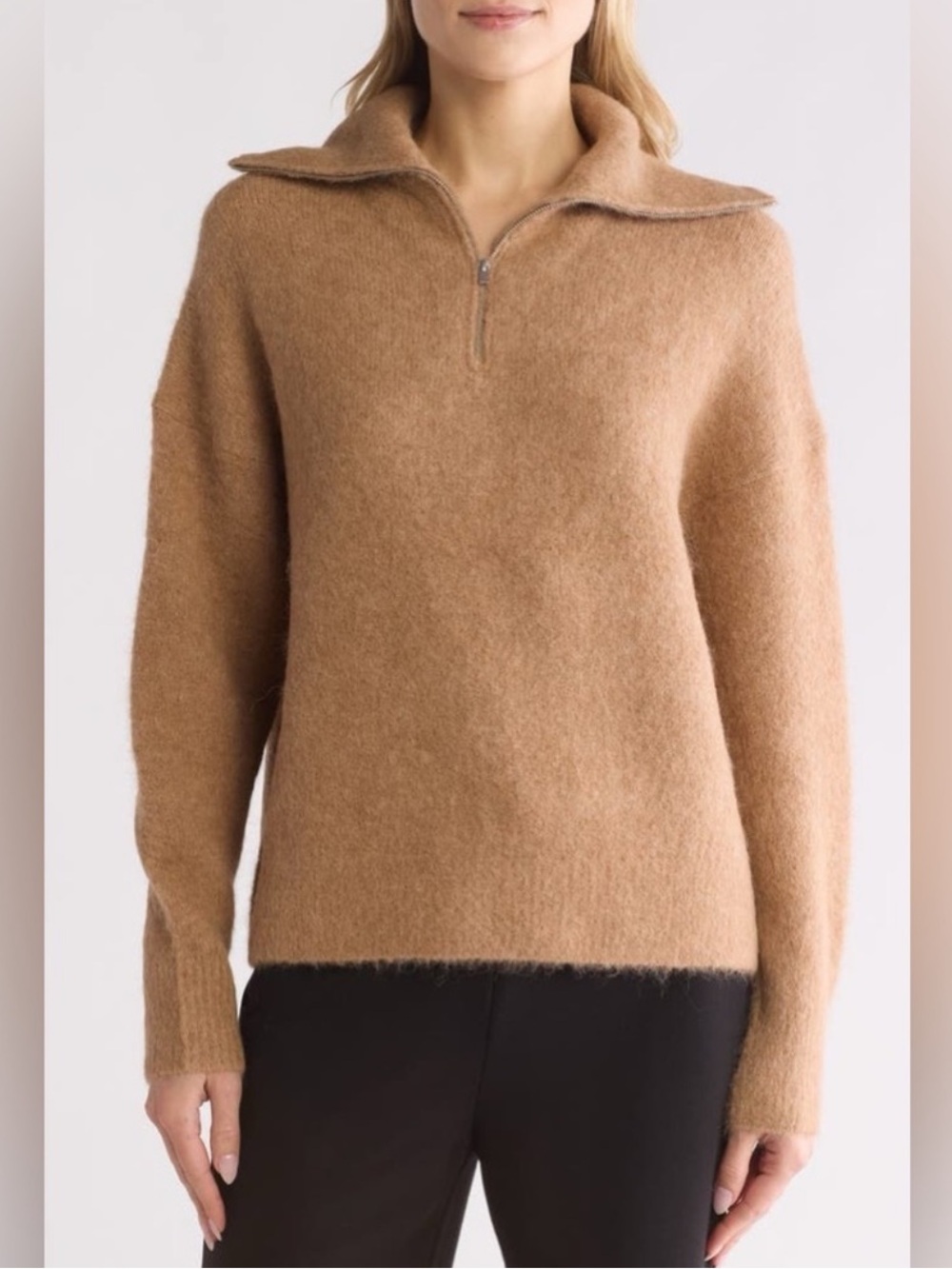 Vince Quarter Zip Alpaca Blend Sweater in camel brown - Picture 1 of 7